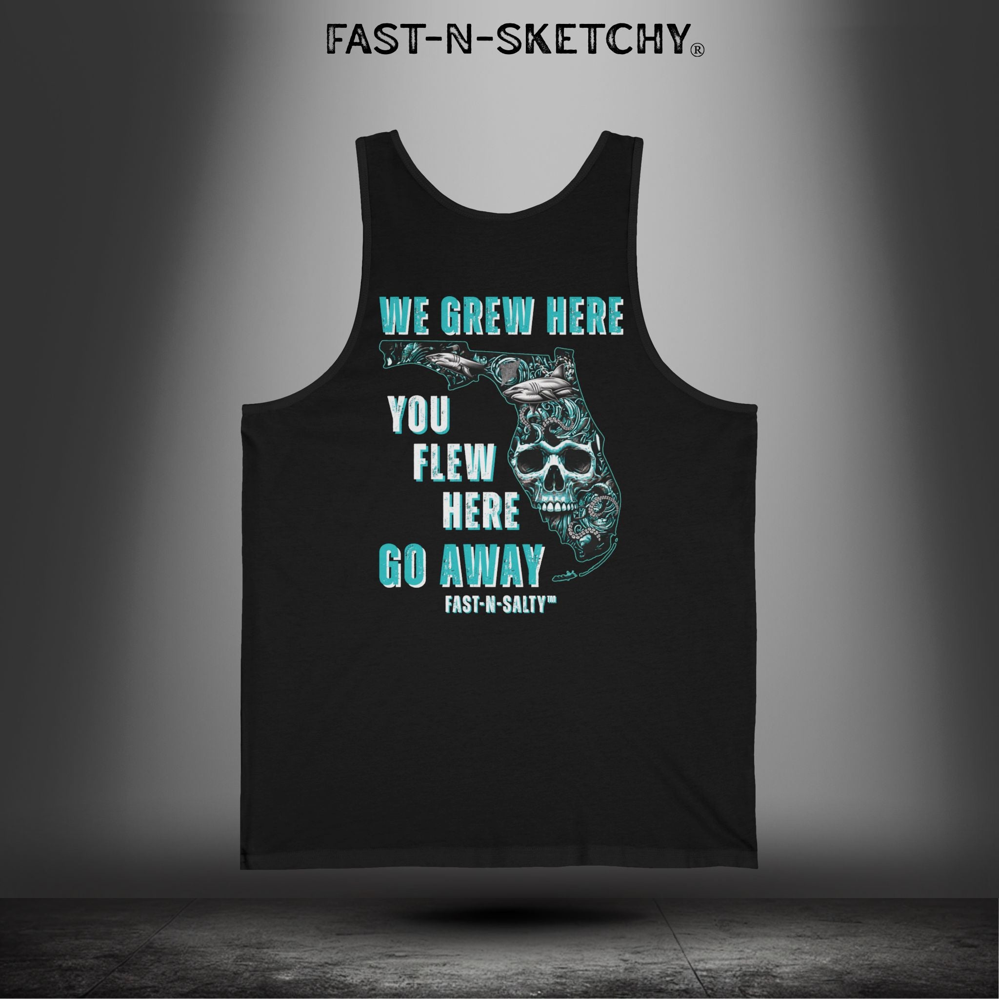 WE GREW HERE, YOU FLEW HERE, GO AWAY: Teal on Black Tank Top
