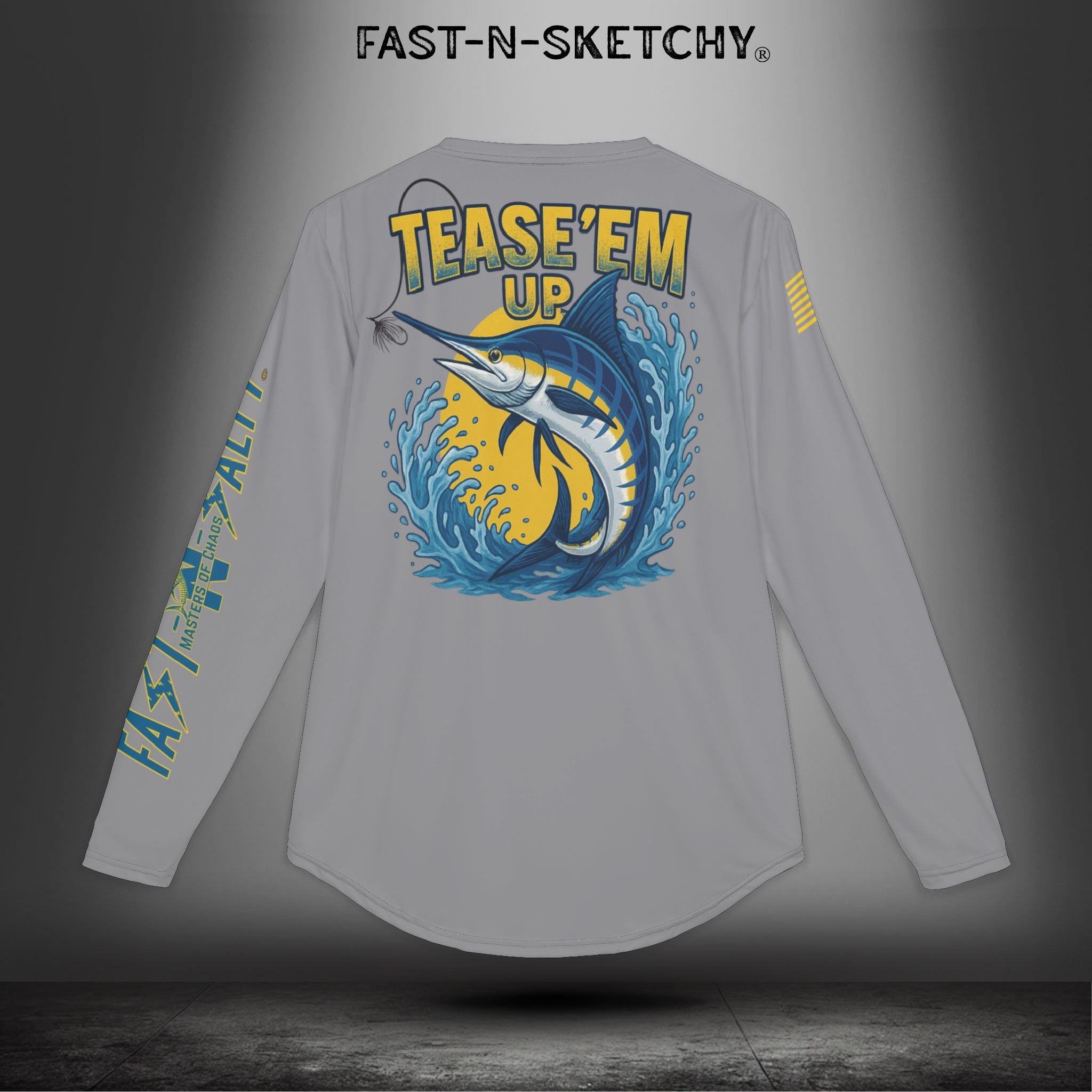 Tease 'Em Up #2: FAST-N-SALTY, FAST-N-SALTY: (Grey) UV Protection Long Sleeve Shirt (Marlin) Perfect for Outdoor Adventures and Fishing