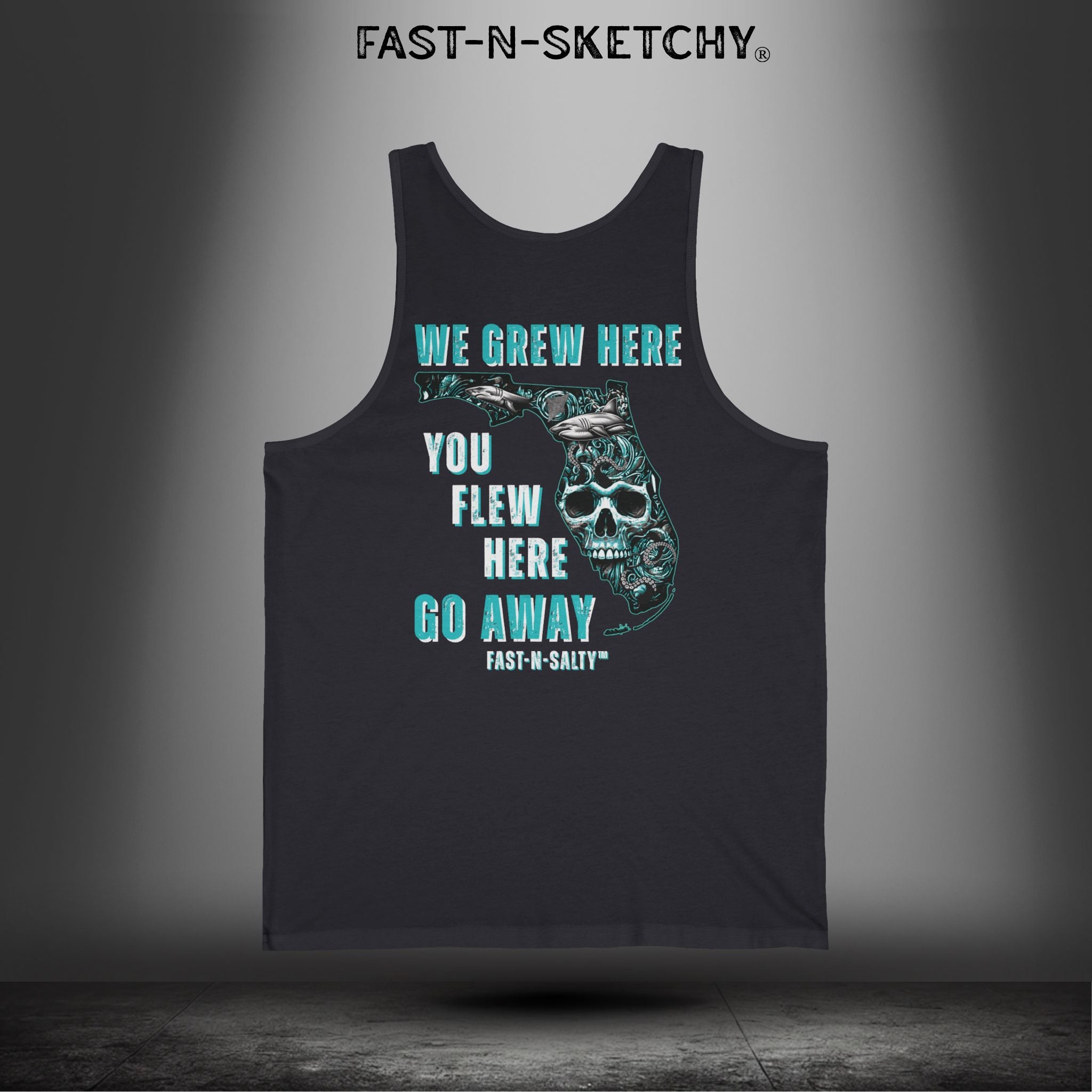 WE GREW HERE, YOU FLEW HERE, GO AWAY: Teal on Black Tank Top