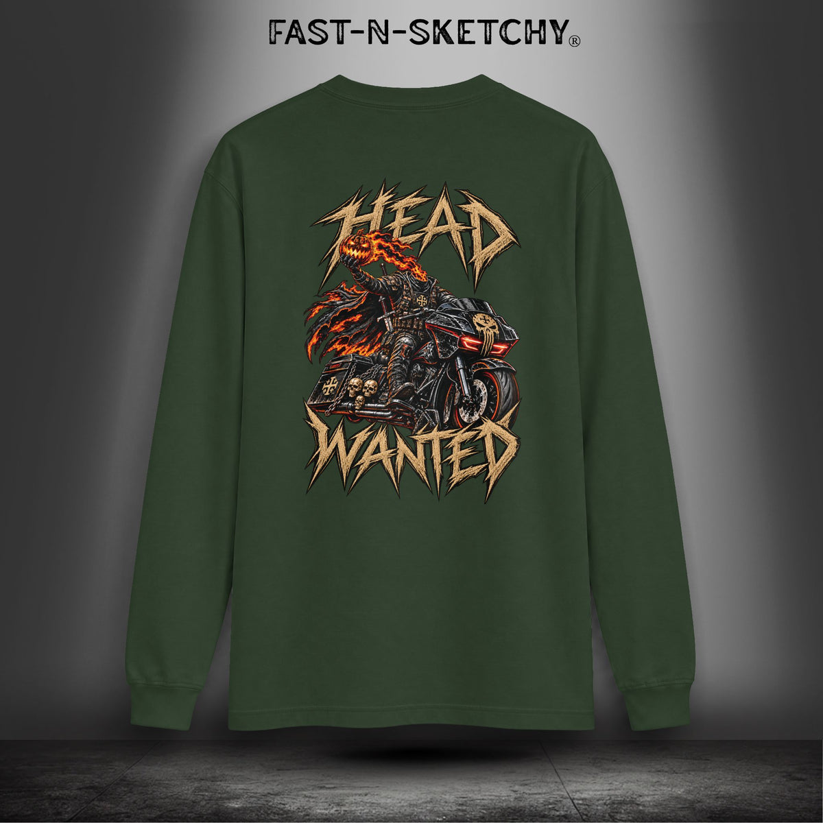 "Head Wanted" Headless Horseman Biker Edition Halloween Funny Long-sleeve Tee
