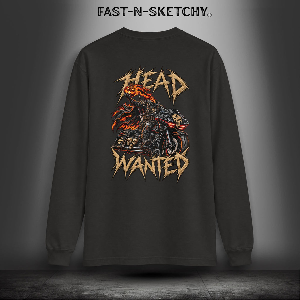 "Head Wanted" Headless Horseman Biker Edition Halloween Funny Long-sleeve Tee