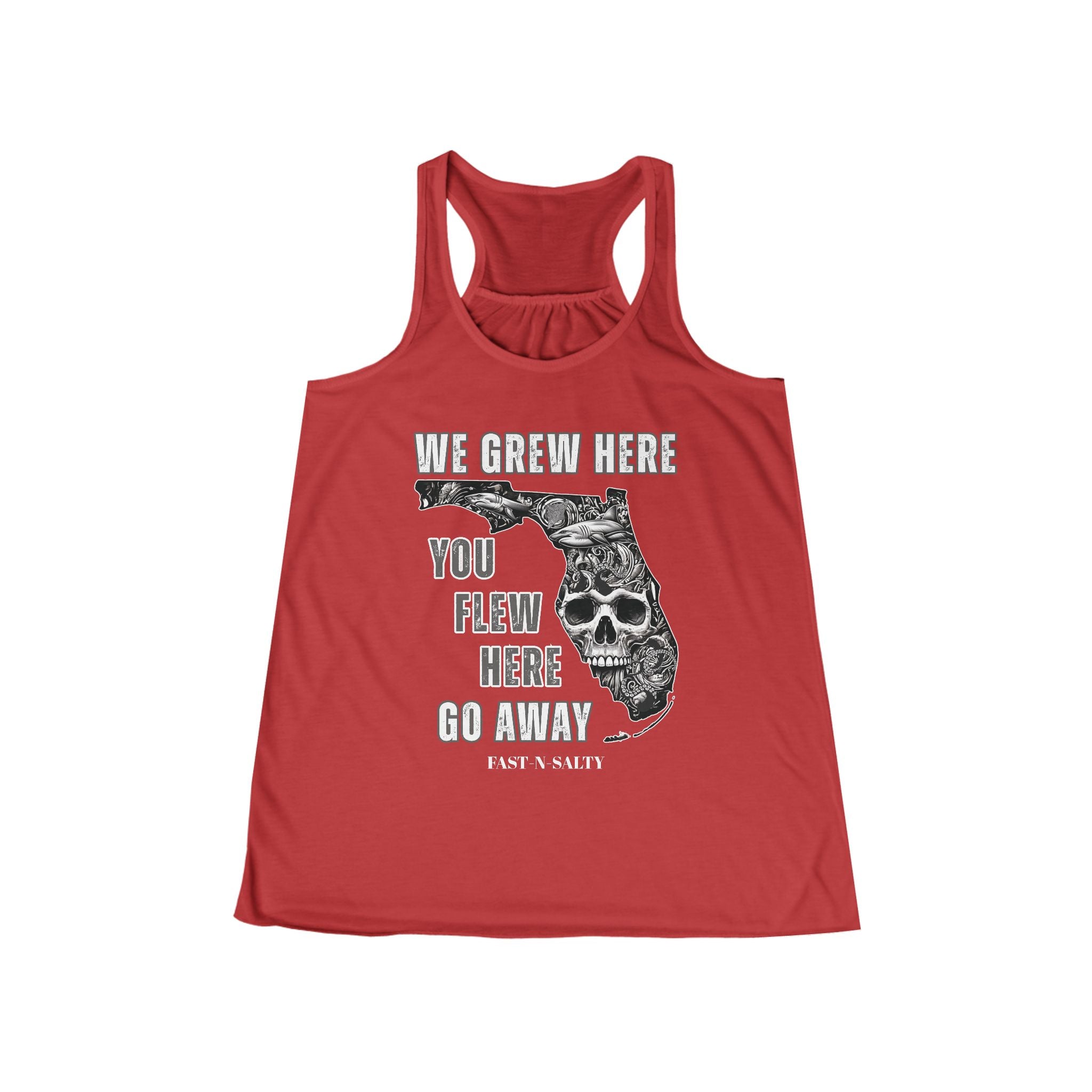 WE GREW HERE, YOU FLEW HERE, GO AWAY: Flowy Racerback Tank Top