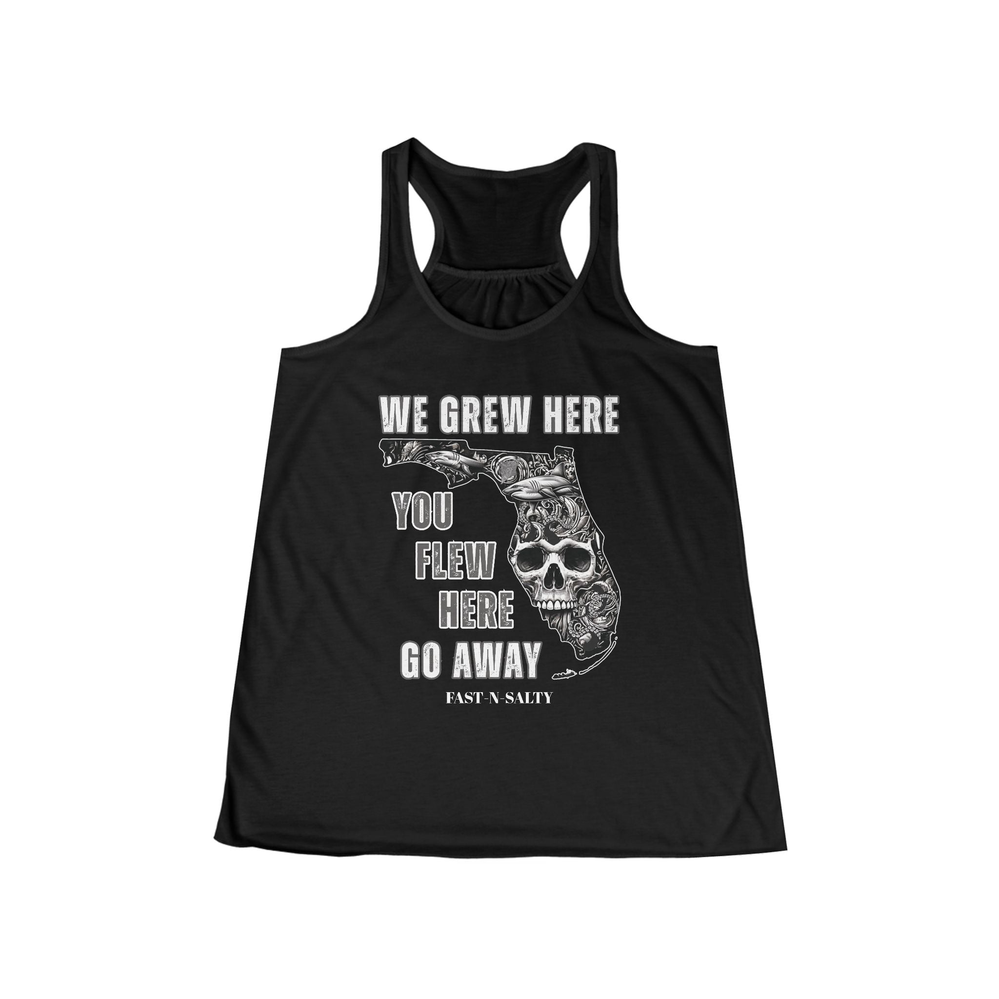 WE GREW HERE, YOU FLEW HERE, GO AWAY: Flowy Racerback Tank Top