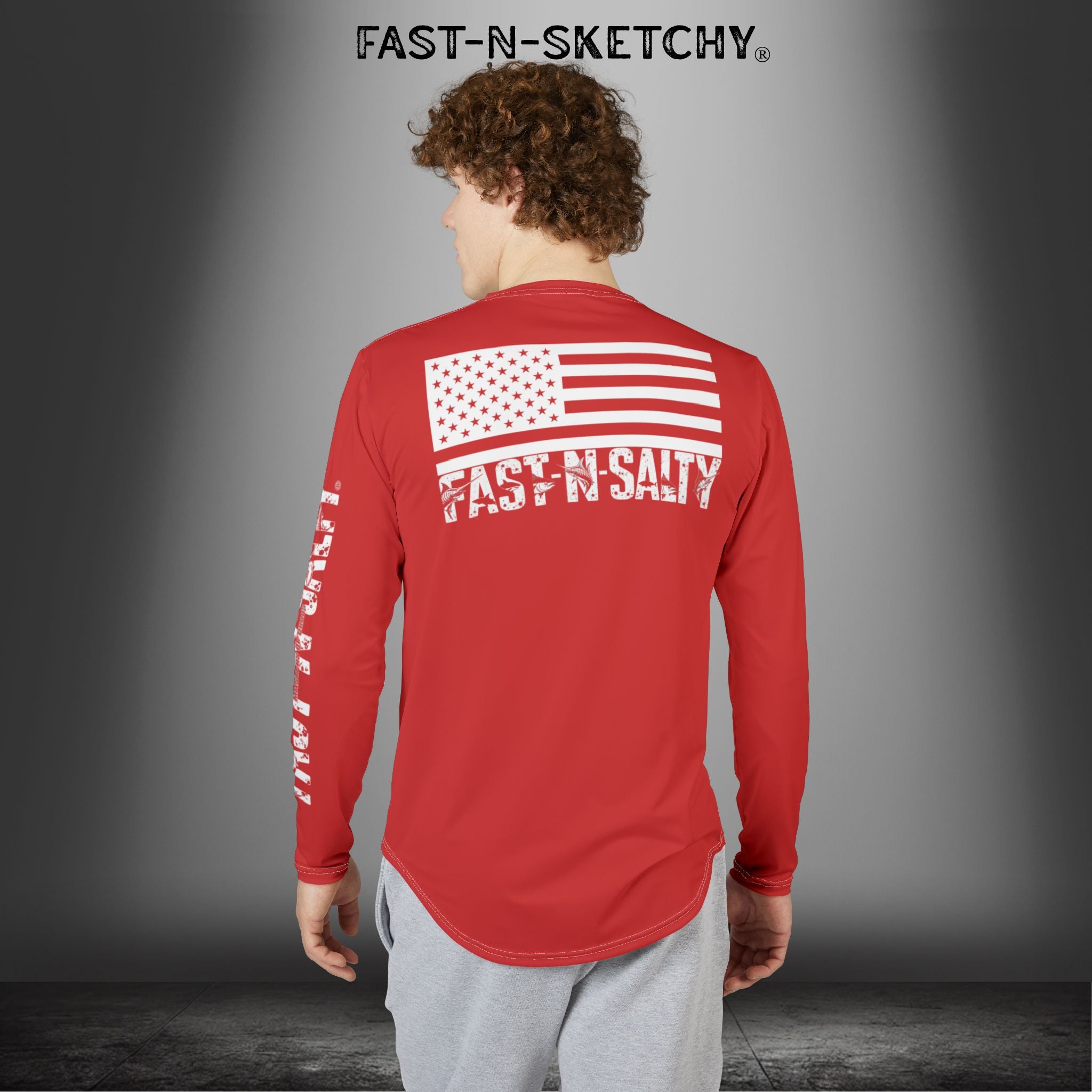 Fast-N-Salty Flag Red UV Protection Long Sleeve Shirt - Perfect for Outdoor Adventures and Fishing