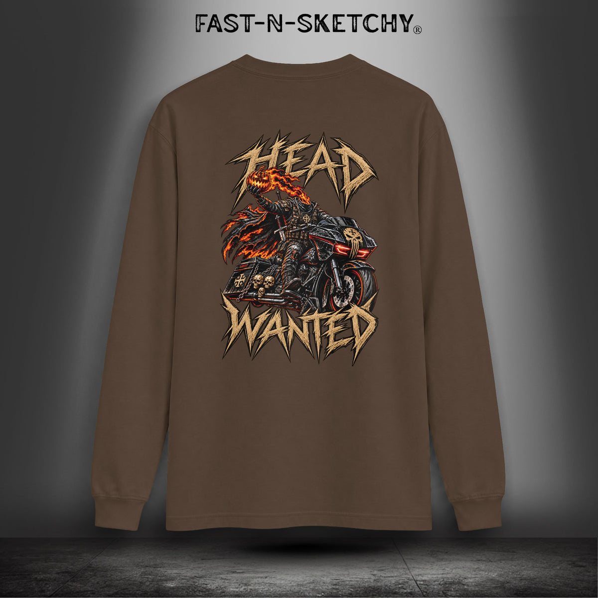 "Head Wanted" Headless Horseman Biker Edition Halloween Funny Long-sleeve Tee