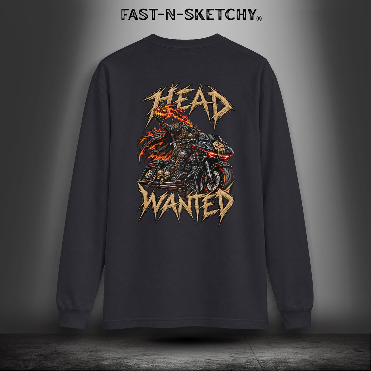 "Head Wanted" Headless Horseman Biker Edition Halloween Funny Long-sleeve Tee