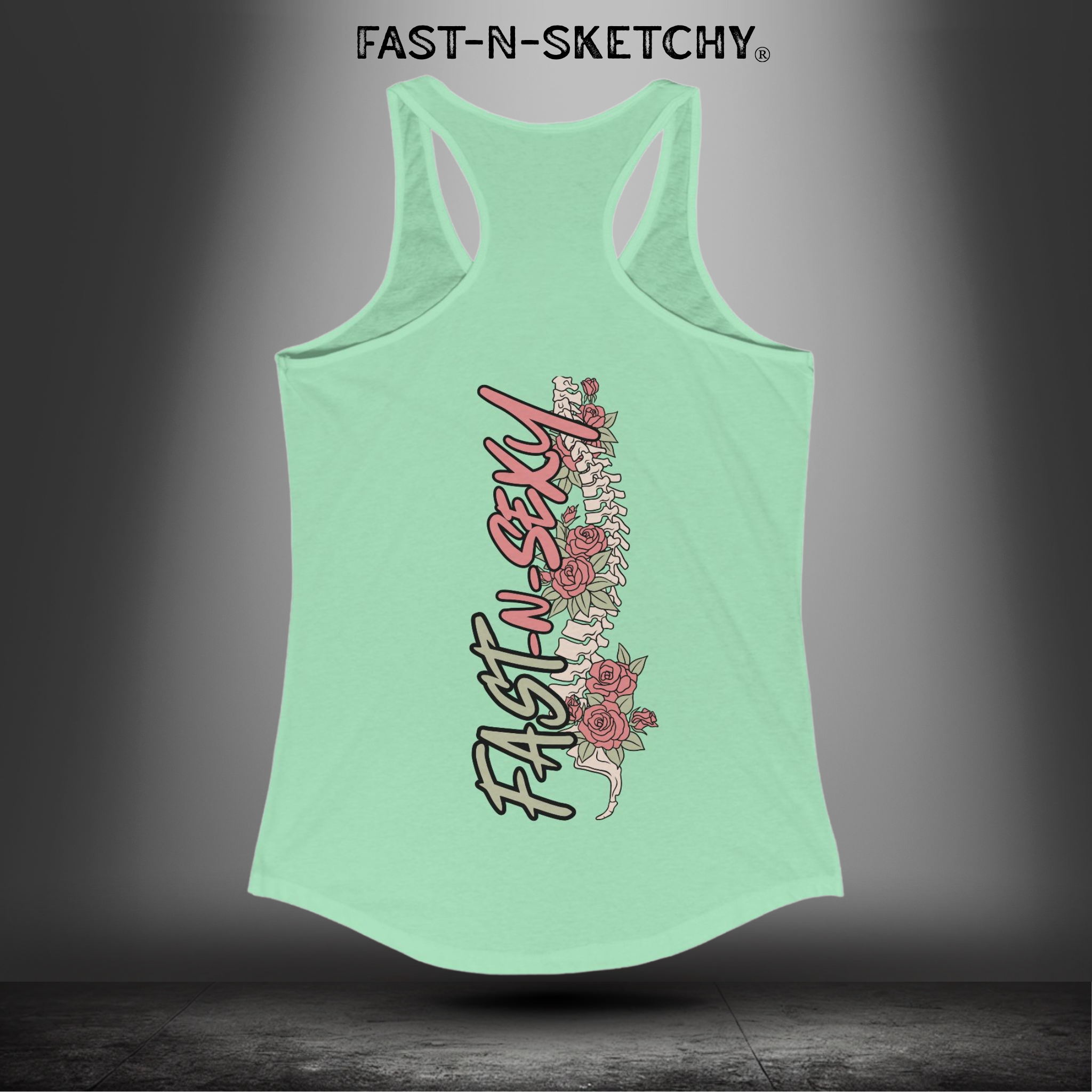 FAST-N-SKETCHY WITH SPINE/FLOWERS - Women's Racerback Tank