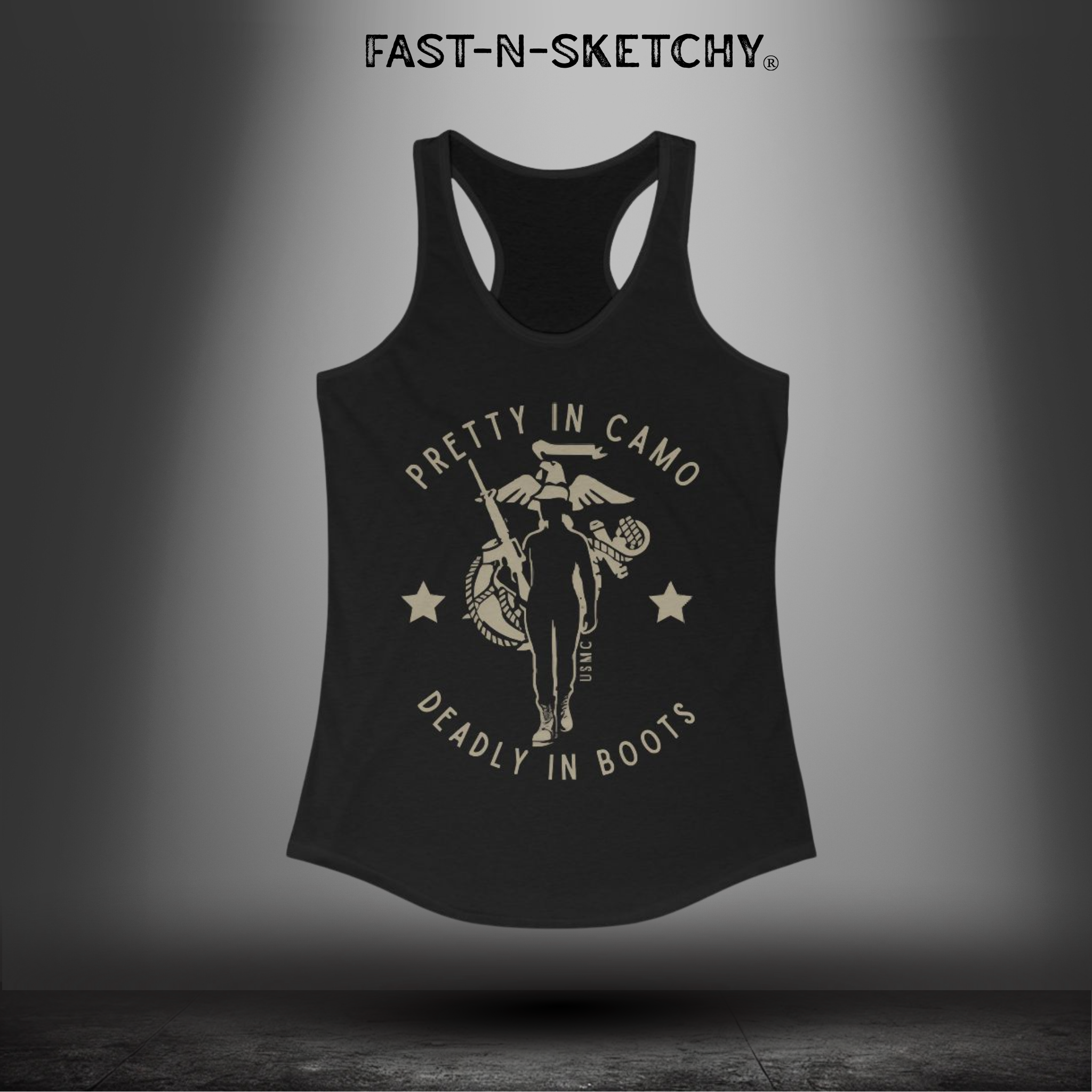 Pretty In Camo, Deadly In Boots: MJilitary Edition Racerback Tank FAST-N-SEXY