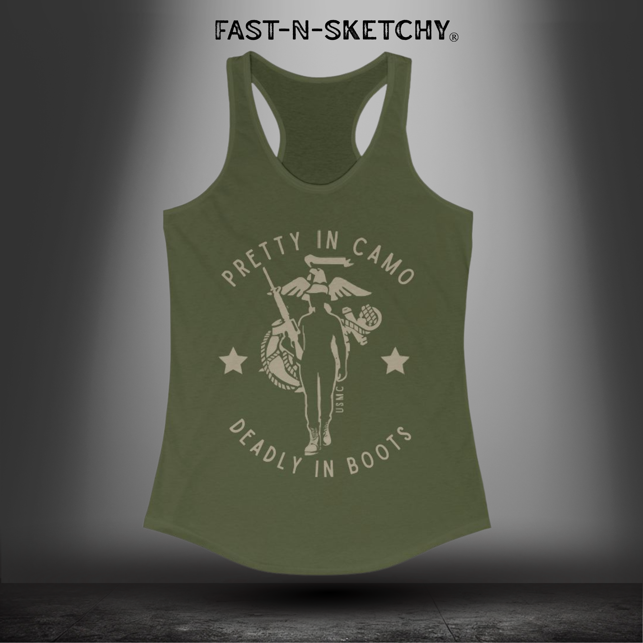 Pretty In Camo, Deadly In Boots: MJilitary Edition Racerback Tank FAST-N-SEXY