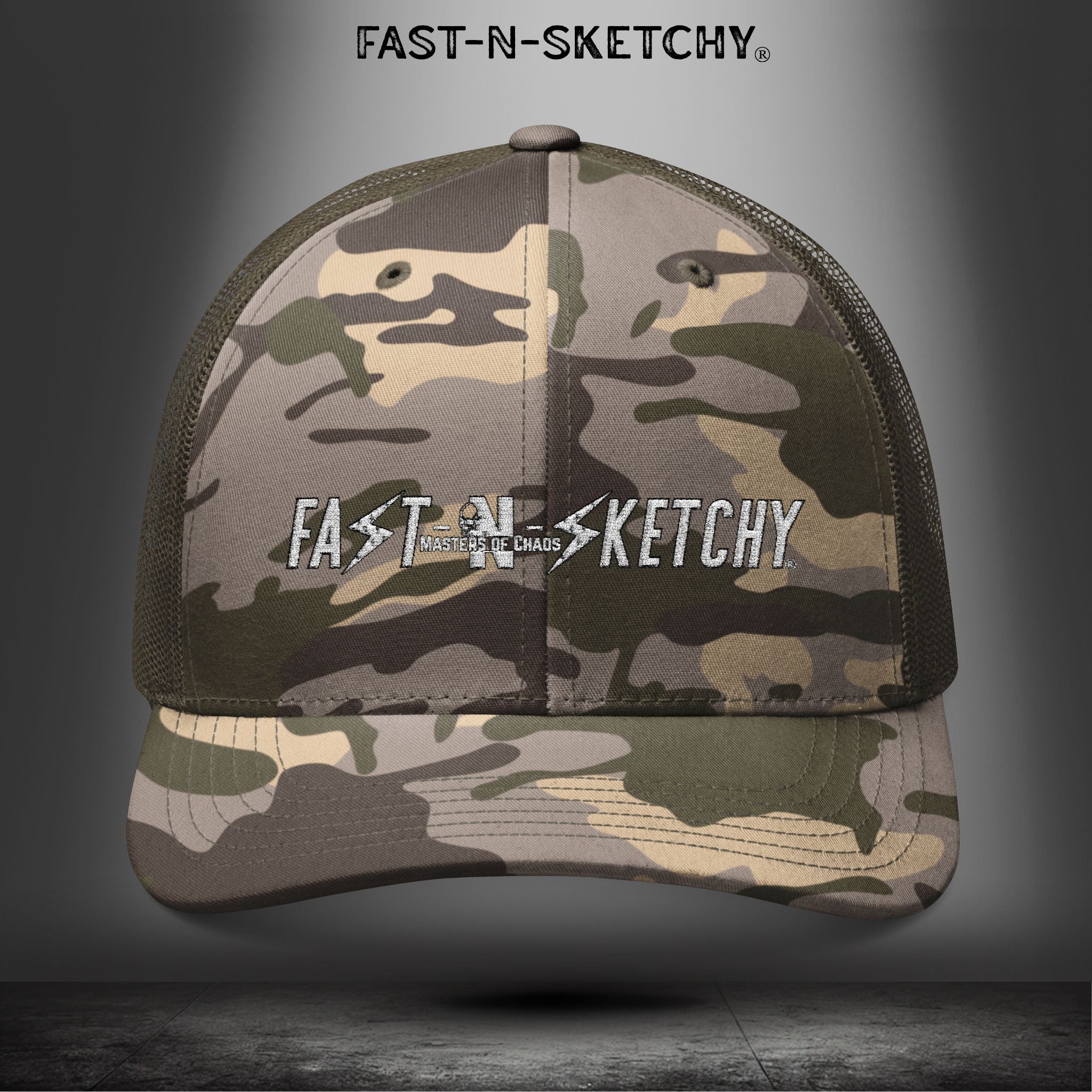 Camouflage FNS Trucker Hat — Embroidered "FAST-N-SKETCHY" Logo