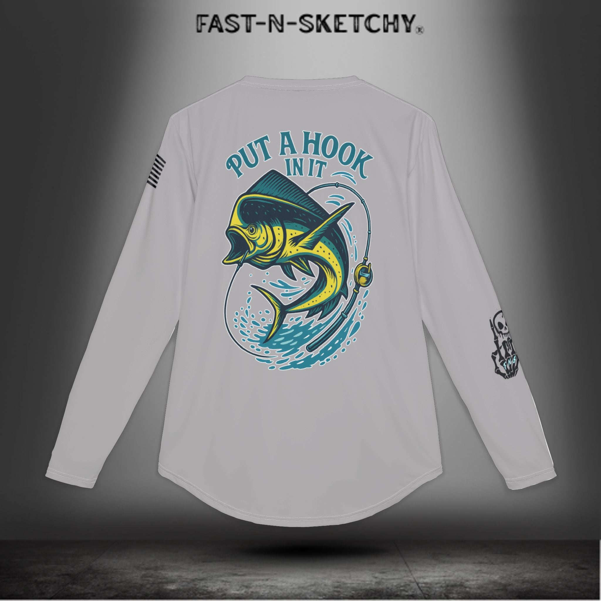 Put a Hook In It, FAST-N-SALTY: (Grey) UV Protection Long Sleeve Shirt (Mahi Mahi) Perfect for Outdoor Adventures and Fishing