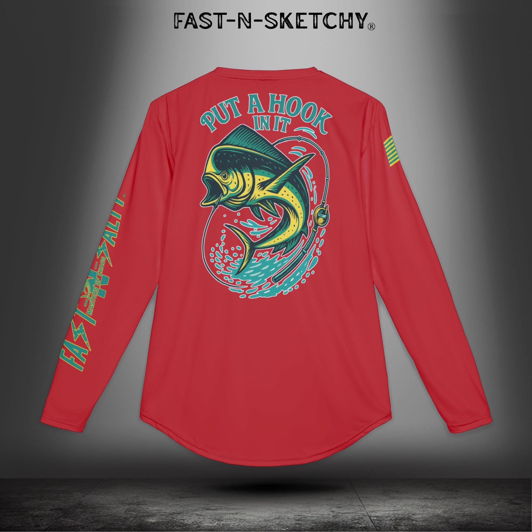 Put a Hook In It, FAST-N-SALTY: (Red) UV Protection Long Sleeve Shirt (Mahi Mahi) Perfect for Outdoor Adventures and Fishing