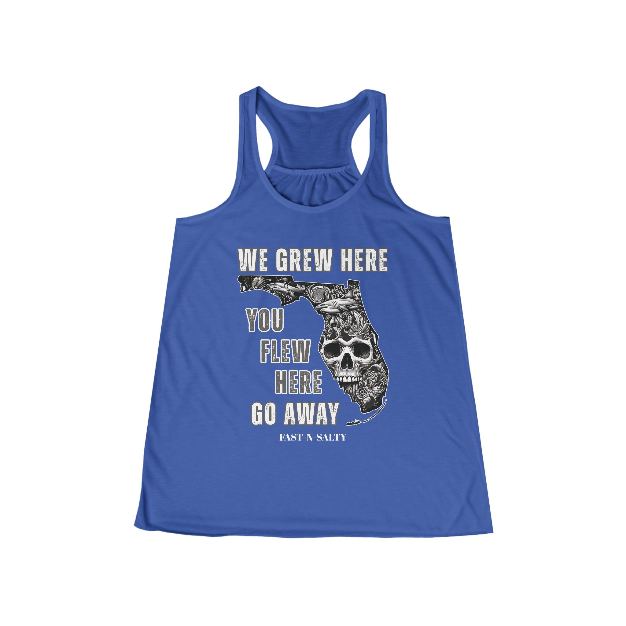 WE GREW HERE, YOU FLEW HERE, GO AWAY: Flowy Racerback Tank Top