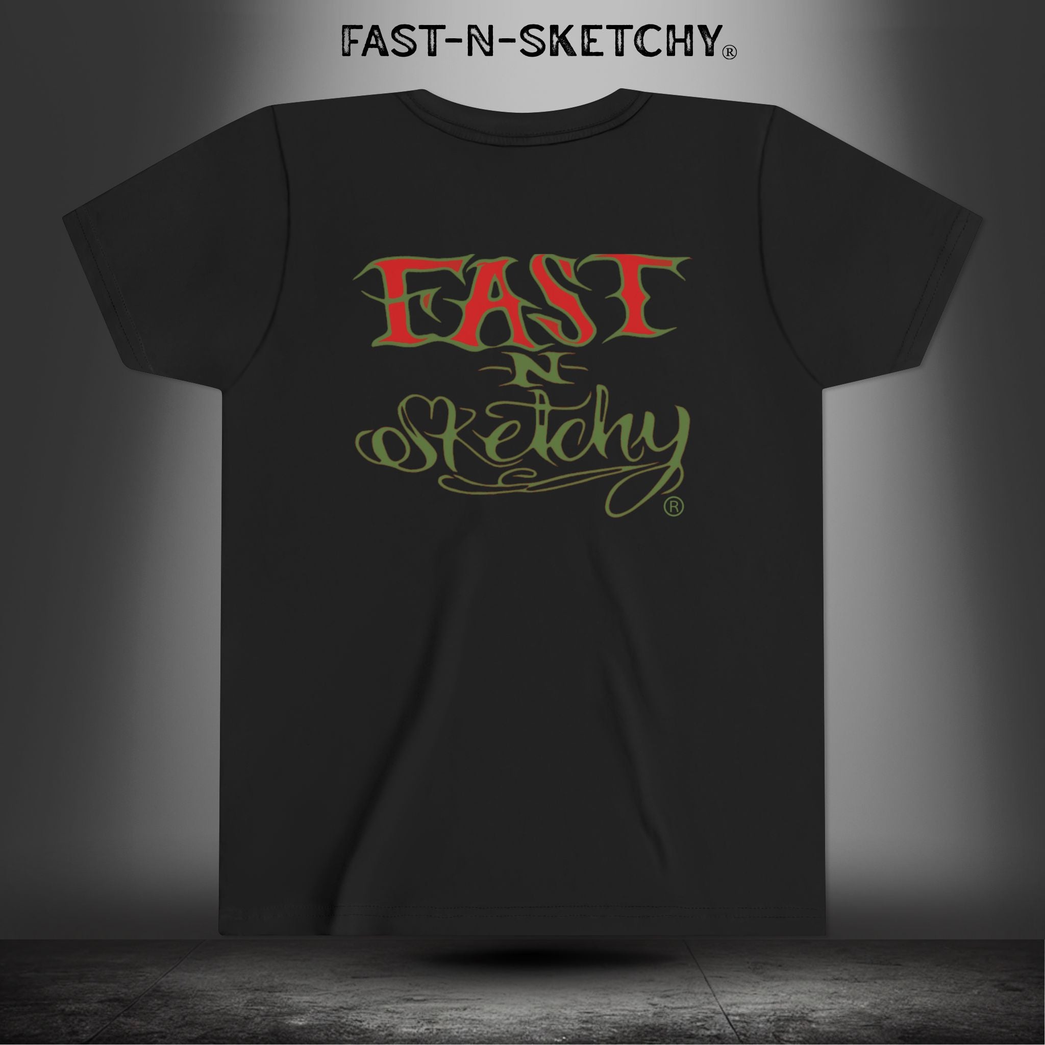 ORIGINAL FAST-N-SKETCHY® LOGO: East Sketchy Youth Short Sleeve Tee (Red/Green Letters)