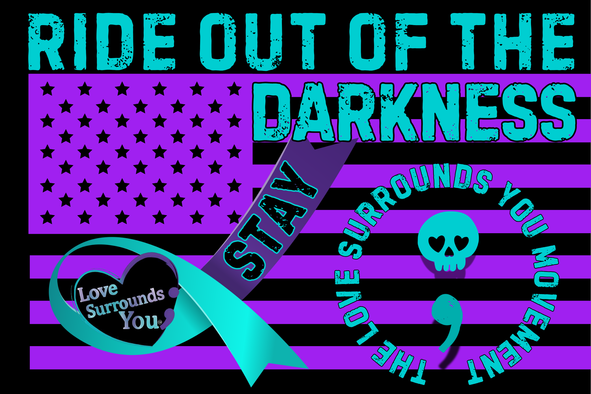 Ride Out of the Darkness 12inx18in Car Flag w/ Pole - Double-sided (Purple & Teal) - LSY