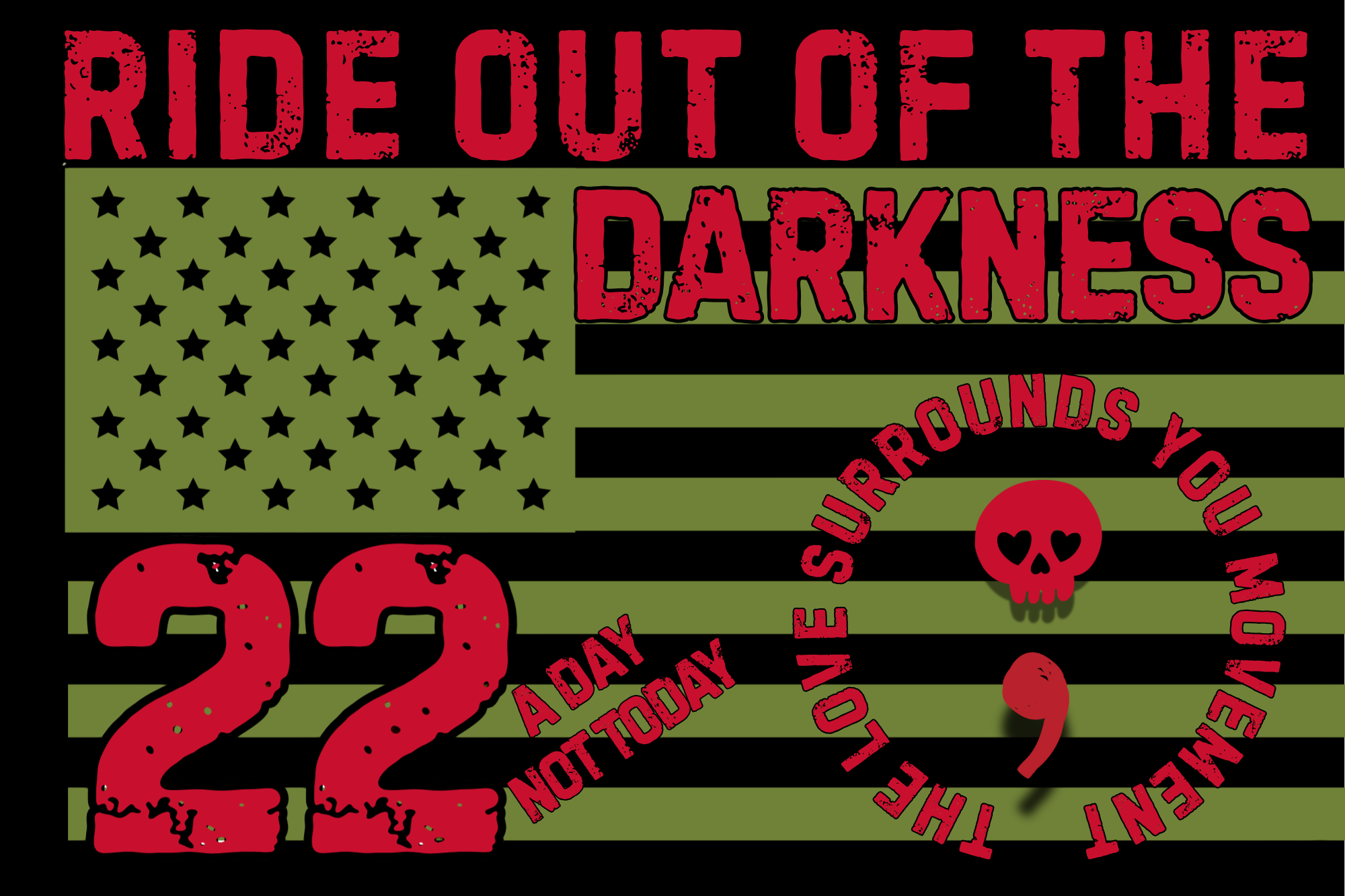 Ride Out of the Darkness 12inx18in Car Flag w/ Pole - Double-sided (Olive & Red 22 a Day) - LSY