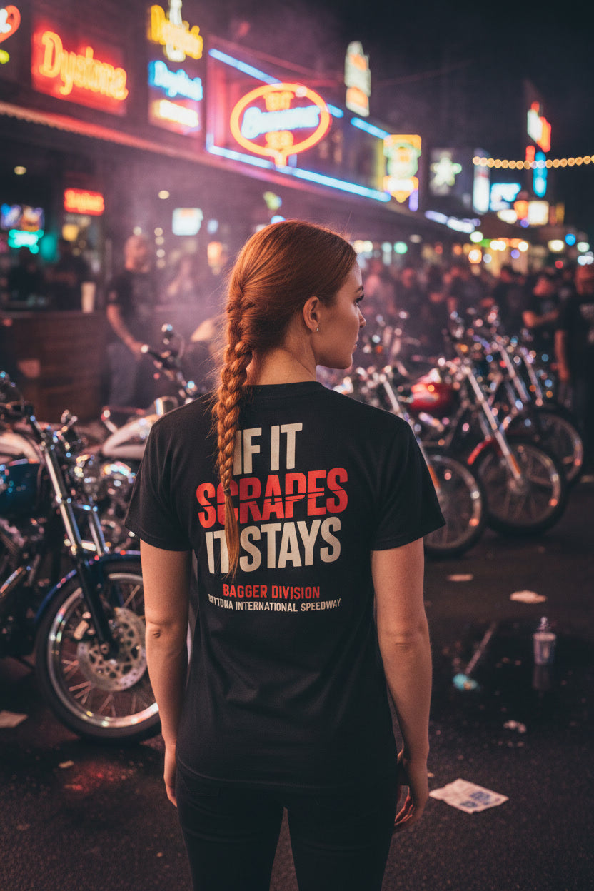 If It Scarpes, It Stays: Daytona Bike Week Bagger Racing Biker Edition Premium Fitted Tee