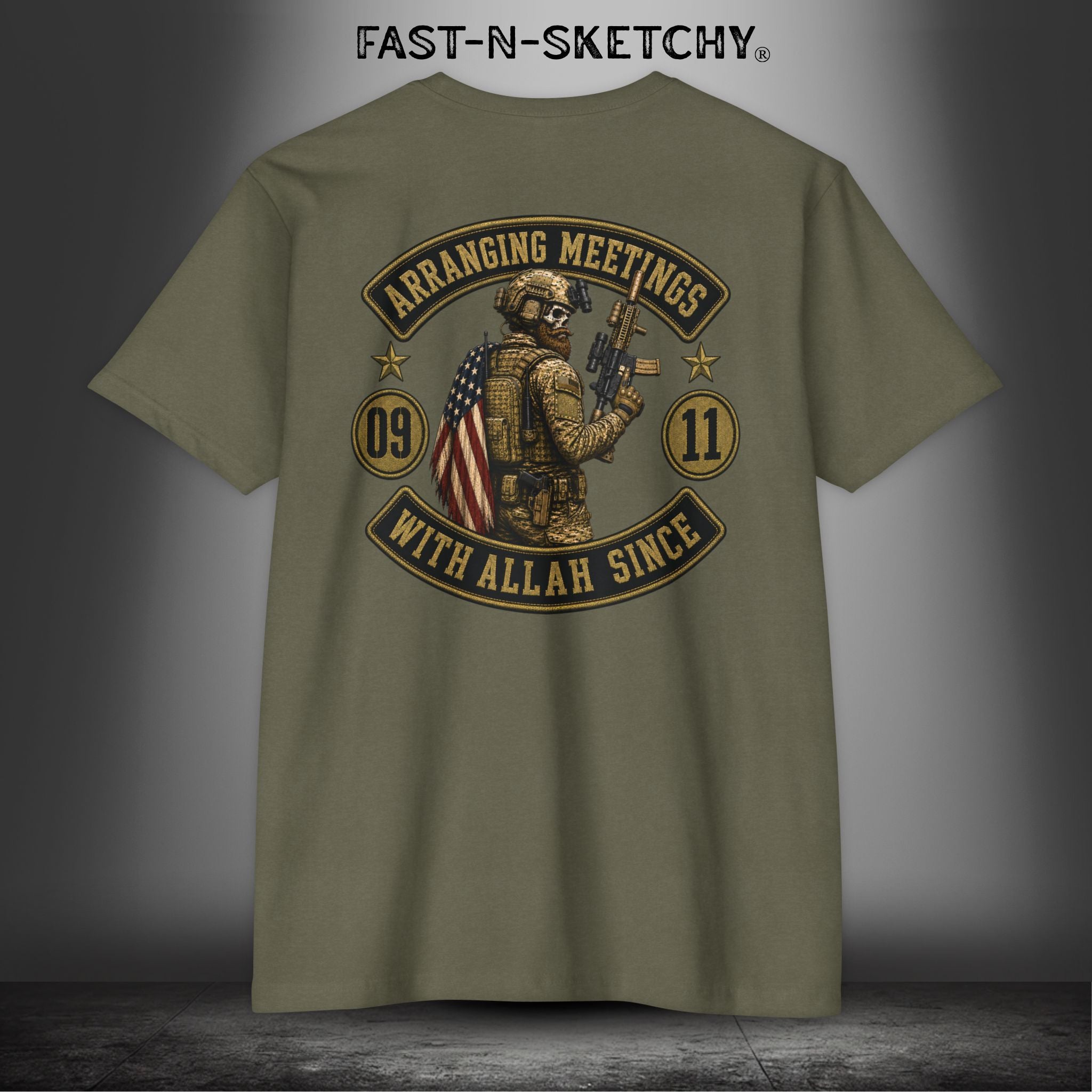 Arranging Meetings With Allah Since 09|11 Tactical Tee: Military Edition