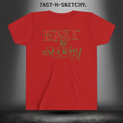 ORIGINAL FAST-N-SKETCHY® LOGO: East Sketchy Youth Short Sleeve Tee (Red/Green Letters)