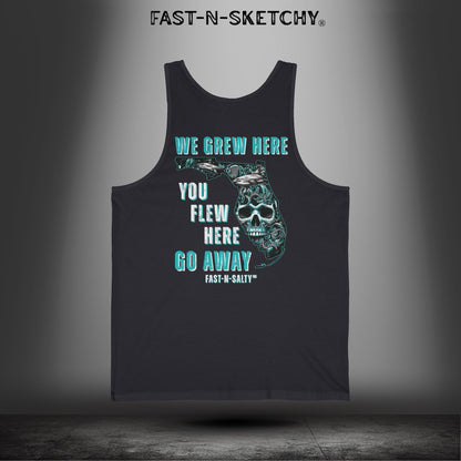 WE GREW HERE, YOU FLEW HERE, GO AWAY: Teal on Black Tank Top