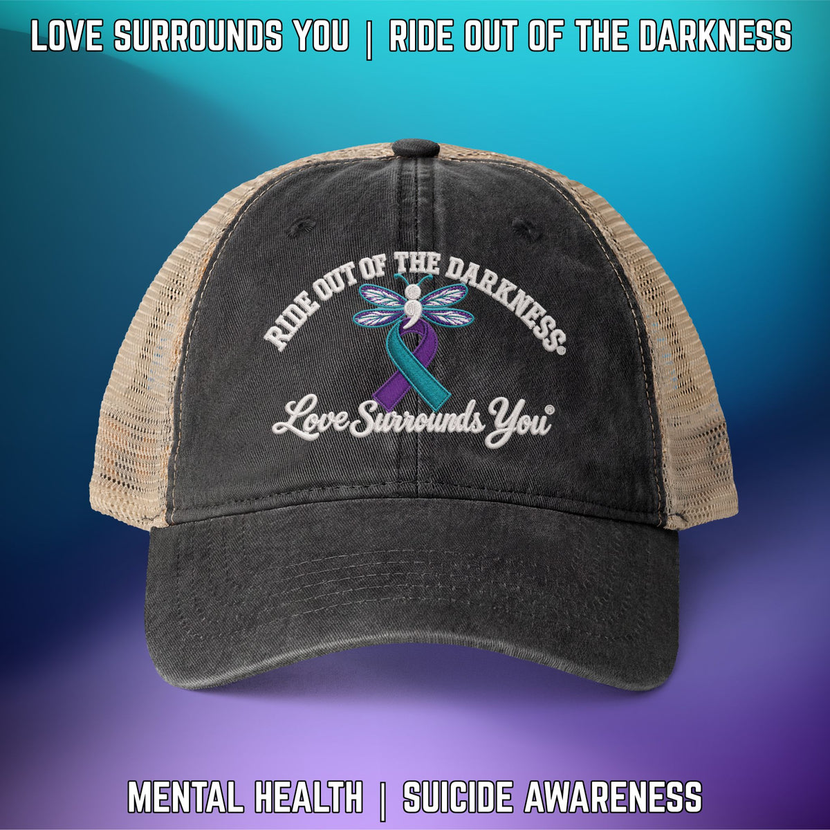 Ride Out of the Darkness Women's Washed Mesh-Back High-Ponytail Hole Cap - LSY