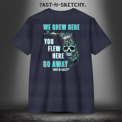 WE GREW HERE, YOU FLEW HERE, GO AWAY: Teal on Black T-Shirt Next Level 6210