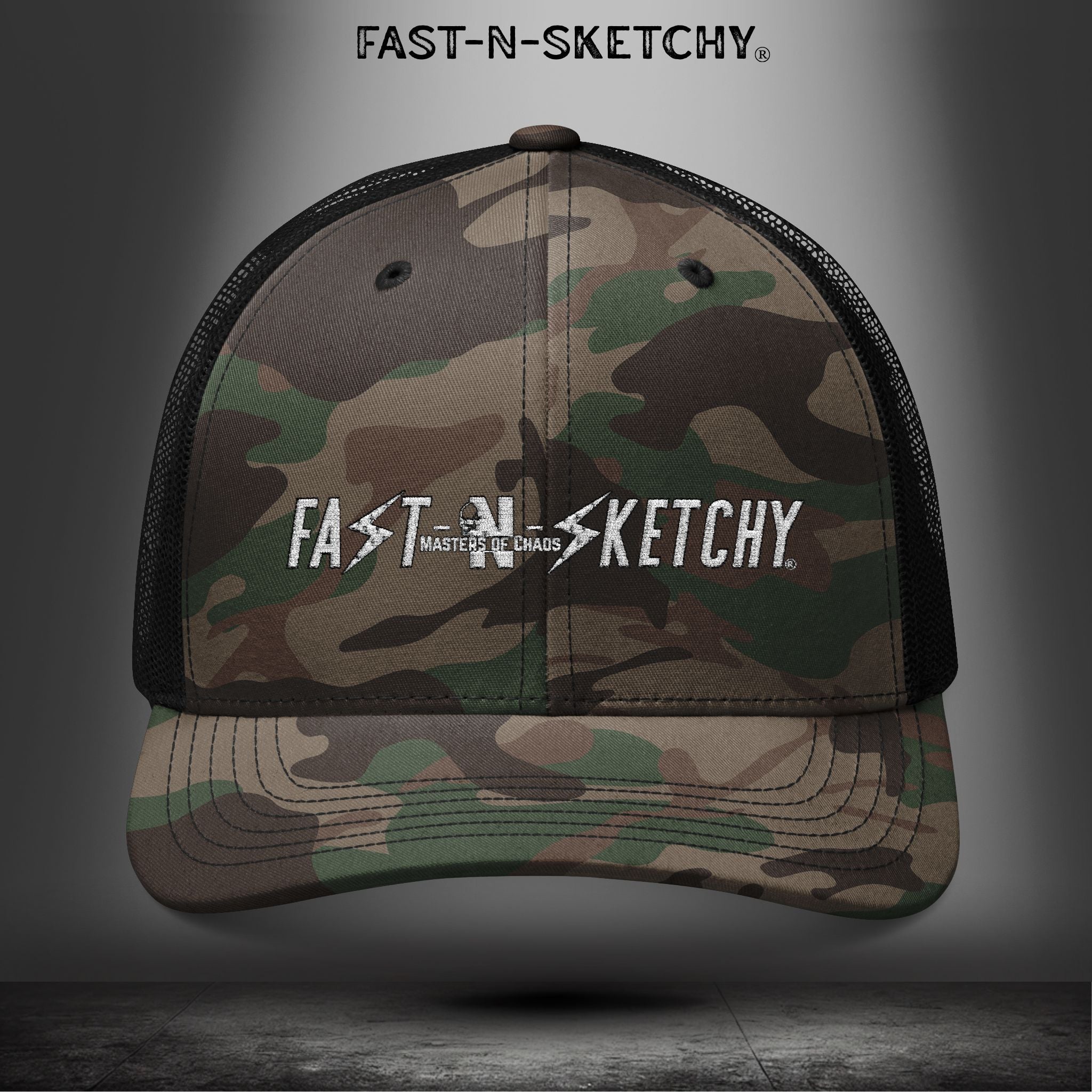 Camouflage FNS Trucker Hat — Embroidered "FAST-N-SKETCHY" Logo