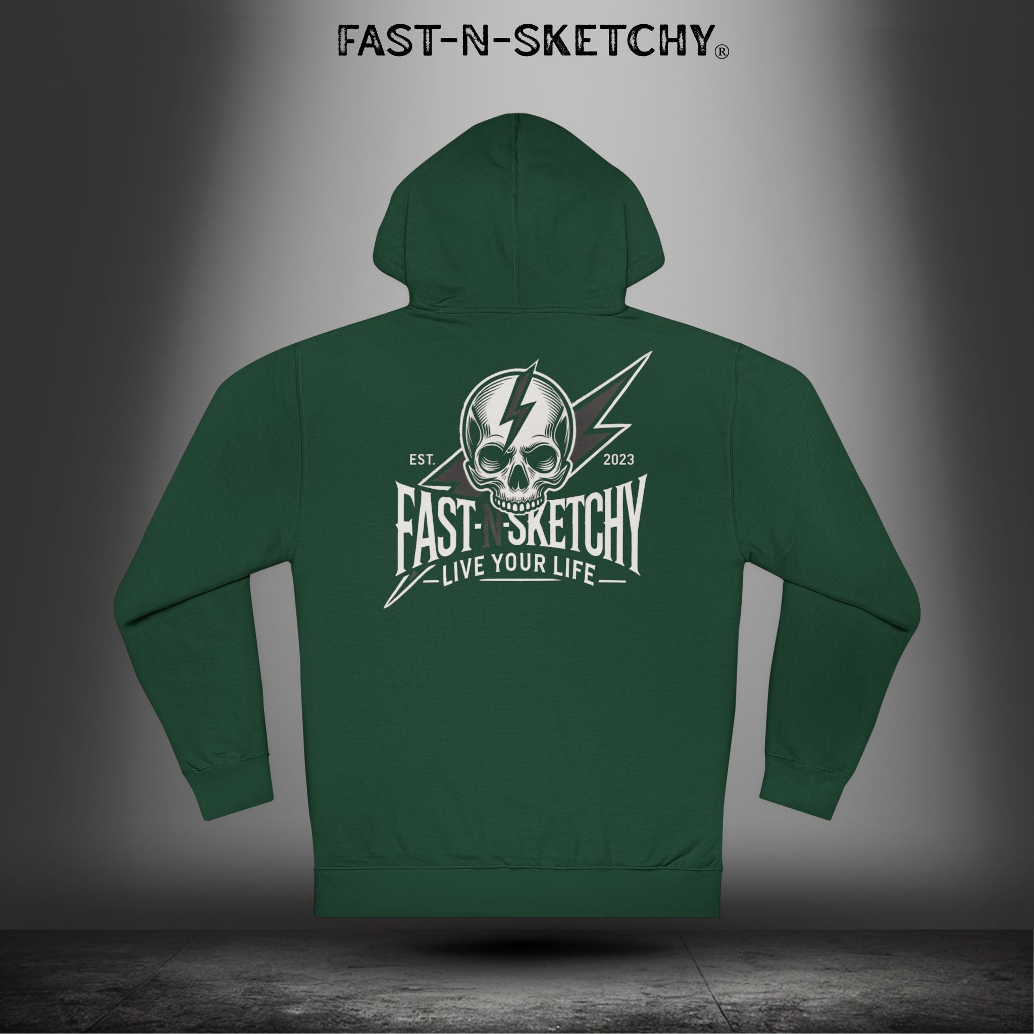 Fast-N-Sketchy Hoodie — Skull Lightning Logo "Live Your Life"