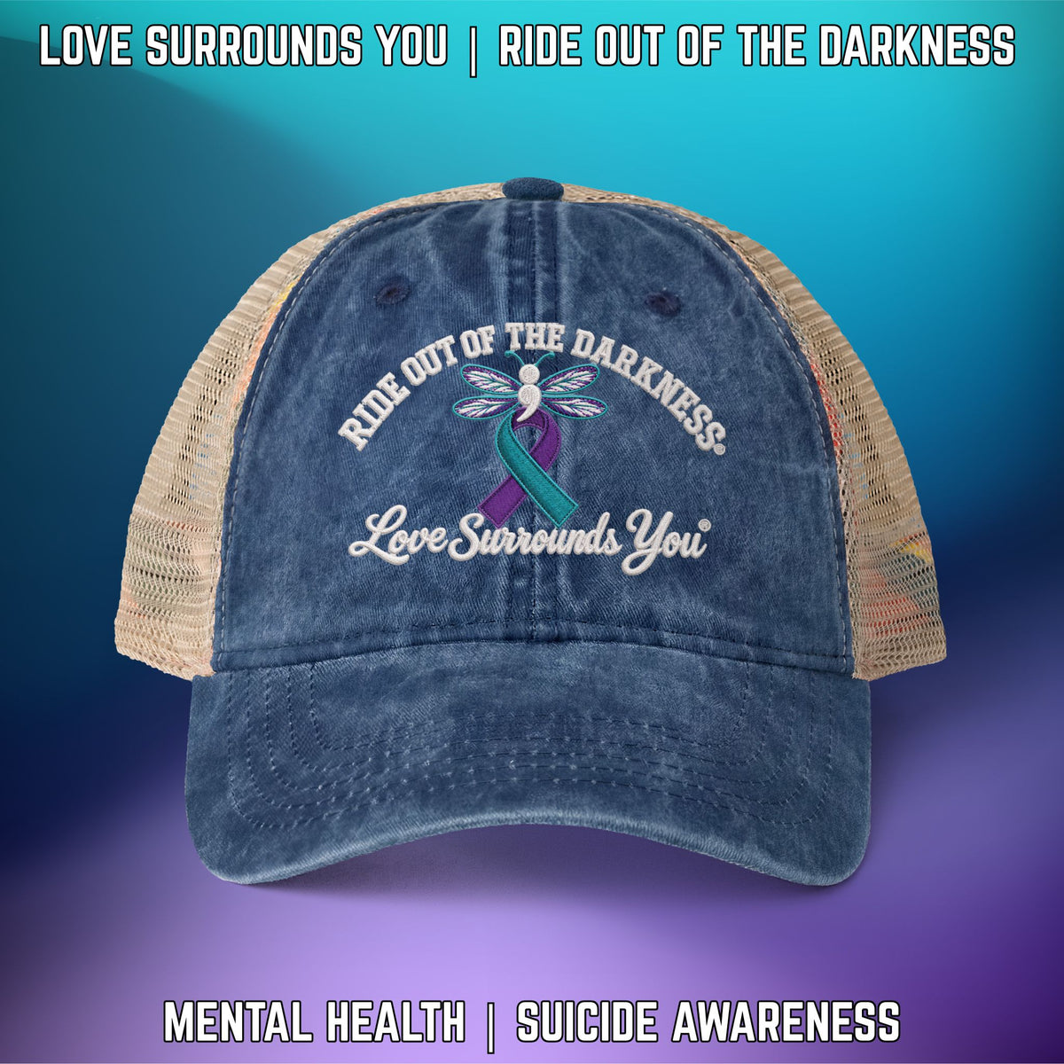 Ride Out of the Darkness Women's Washed Mesh-Back High-Ponytail Hole Cap - LSY
