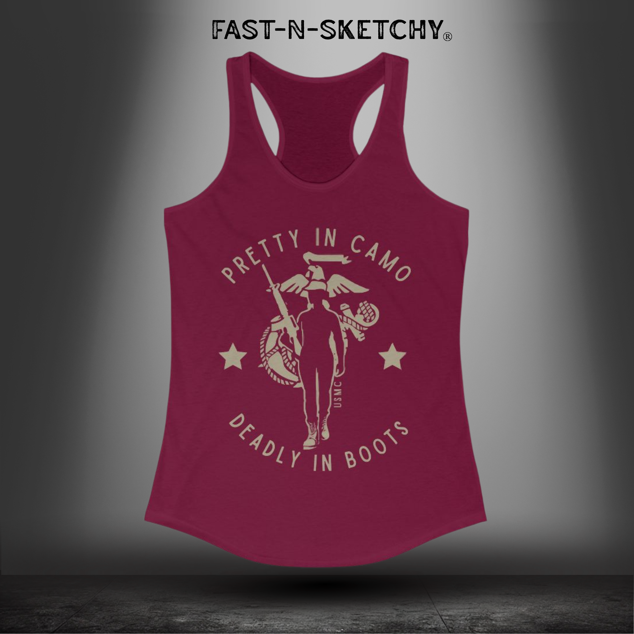 Pretty In Camo, Deadly In Boots: MJilitary Edition Racerback Tank FAST-N-SEXY