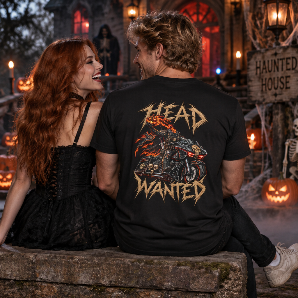 "Head Wanted" Headless Horseman Biker Edition Halloween Funny Tee