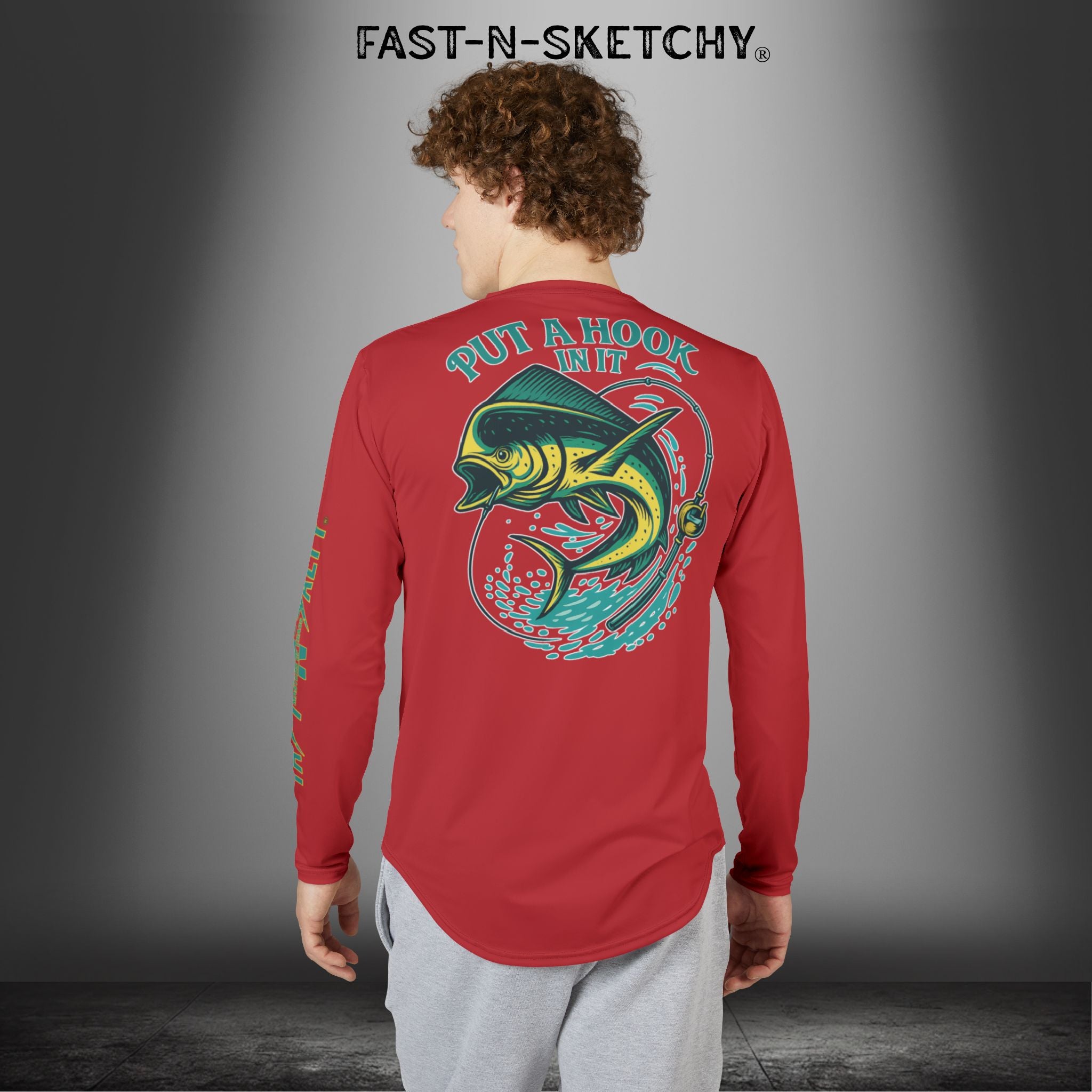 Put a Hook In It, FAST-N-SALTY: (Red) UV Protection Long Sleeve Shirt (Mahi Mahi) Perfect for Outdoor Adventures and Fishing