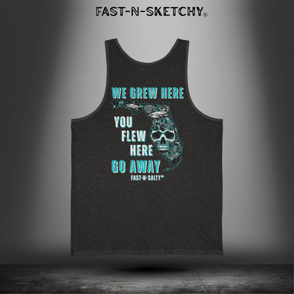 WE GREW HERE, YOU FLEW HERE, GO AWAY: Teal on Black Tank Top