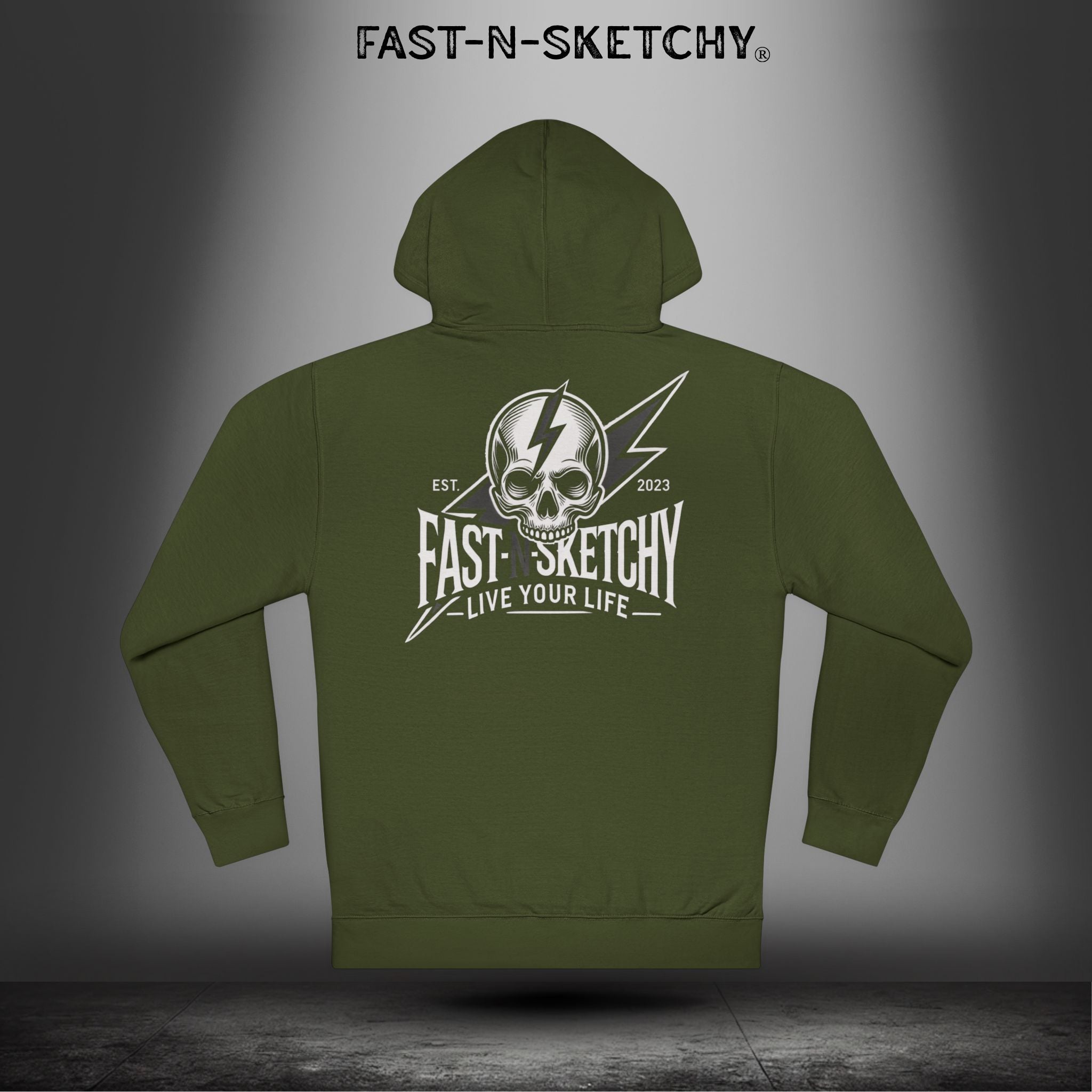 Fast-N-Sketchy Hoodie — Skull Lightning Logo "Live Your Life"